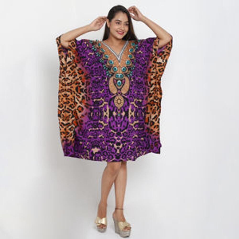 JOVIE Purple Cheetah V-Neck Kaftan - One Size Fits Most - Picture 4 of 5